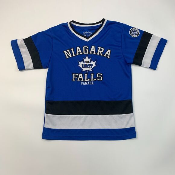 Niagara Falls Hockey Jersey Shirt Youth Boys 10/12 Harbor Blue Striped Canadian - Picture 2 of 10